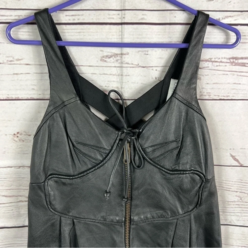 100% black leather mini sleeveless cocktail dress SZ 6 - Picture 3 of 9